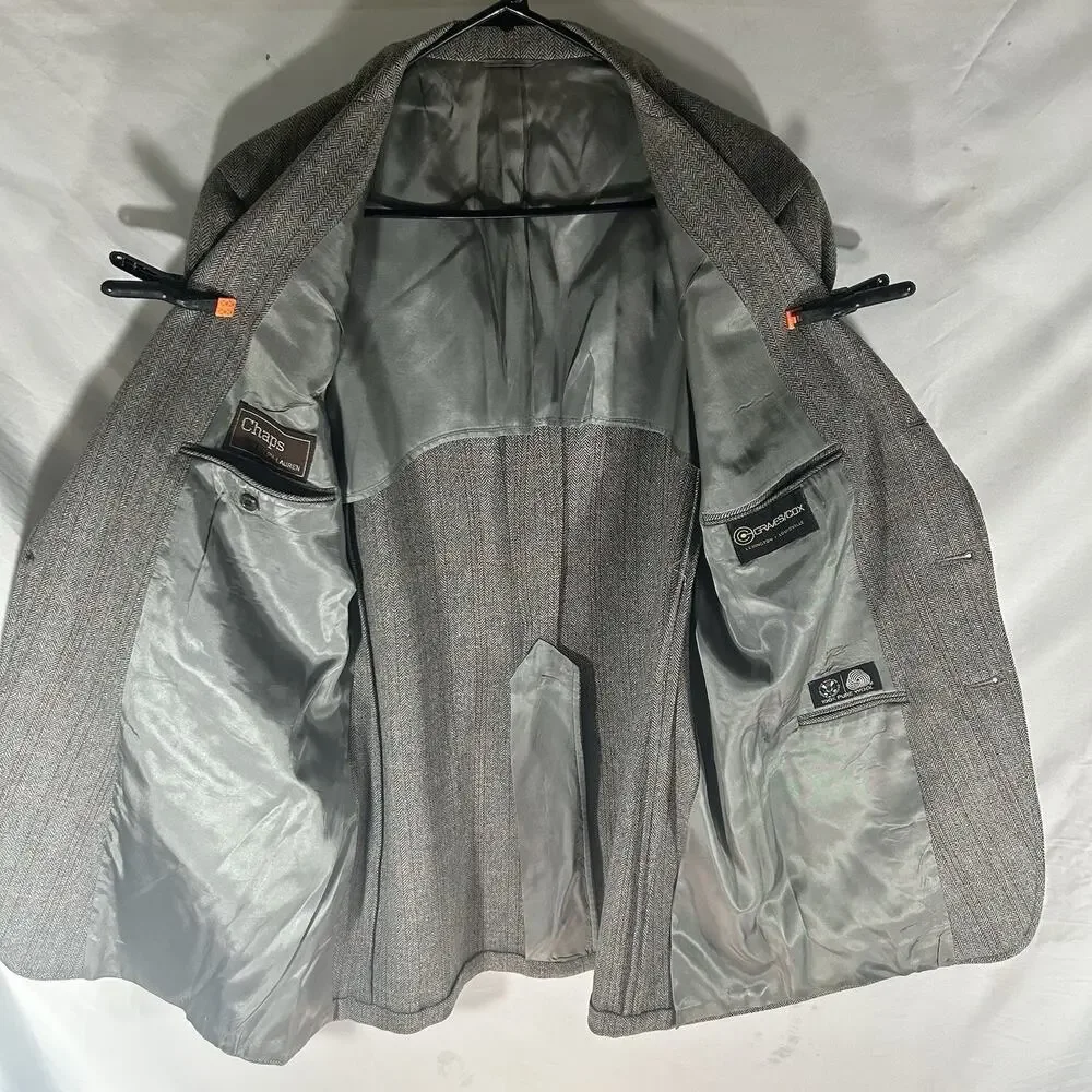 Chaps Ralph Lauren Gray Herringbone Windowpane Wool‎ Blazer Sport Coat Men